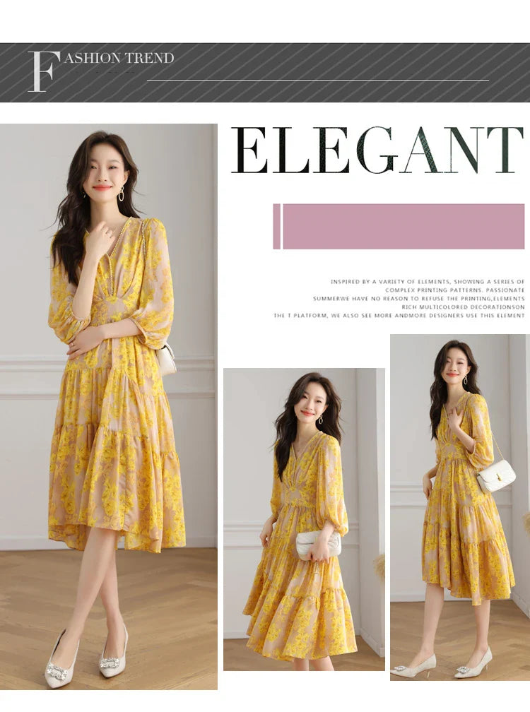 Floral Chiffon Dress For Women V Neck A Line Dress