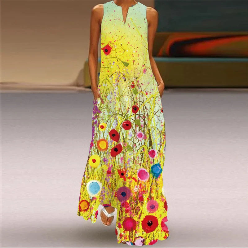 Womens Sleeveless V Neck Printed Maxi Dress For Summer