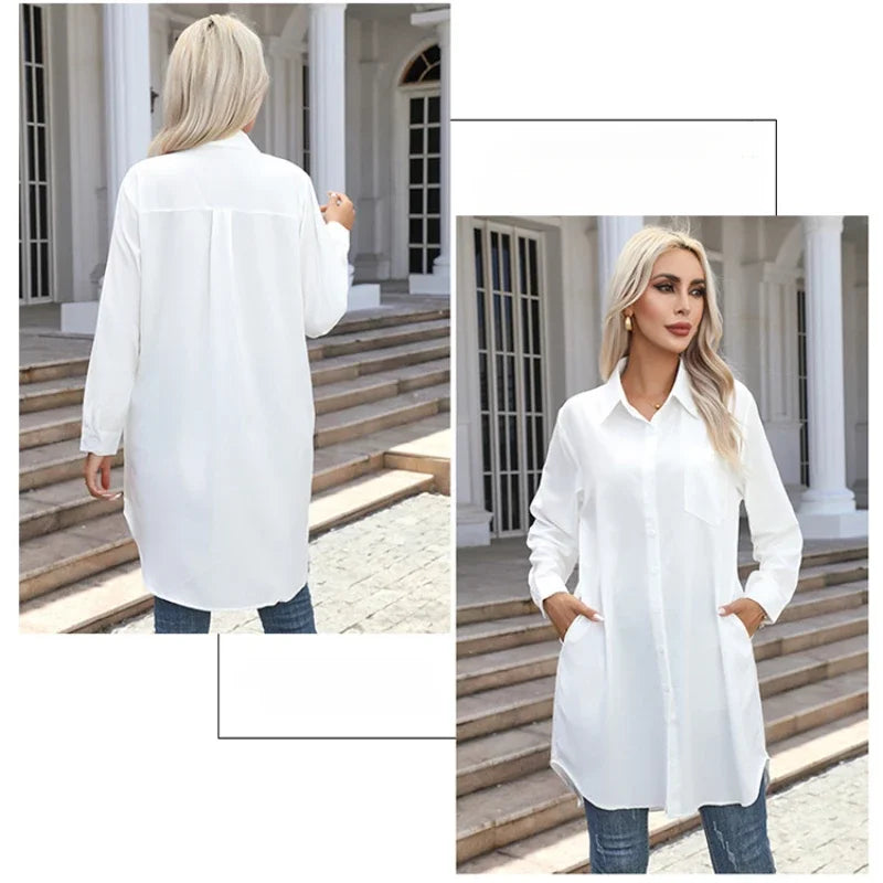 Vintage Oversized Long Sleeve Shirt for Women with Pockets Button Up Blouse Casual Chic Fashion Top