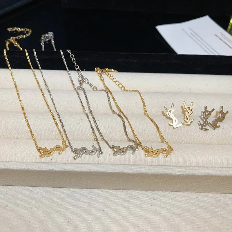 Metal Letter Necklace and Ear Stud Bracelet Set