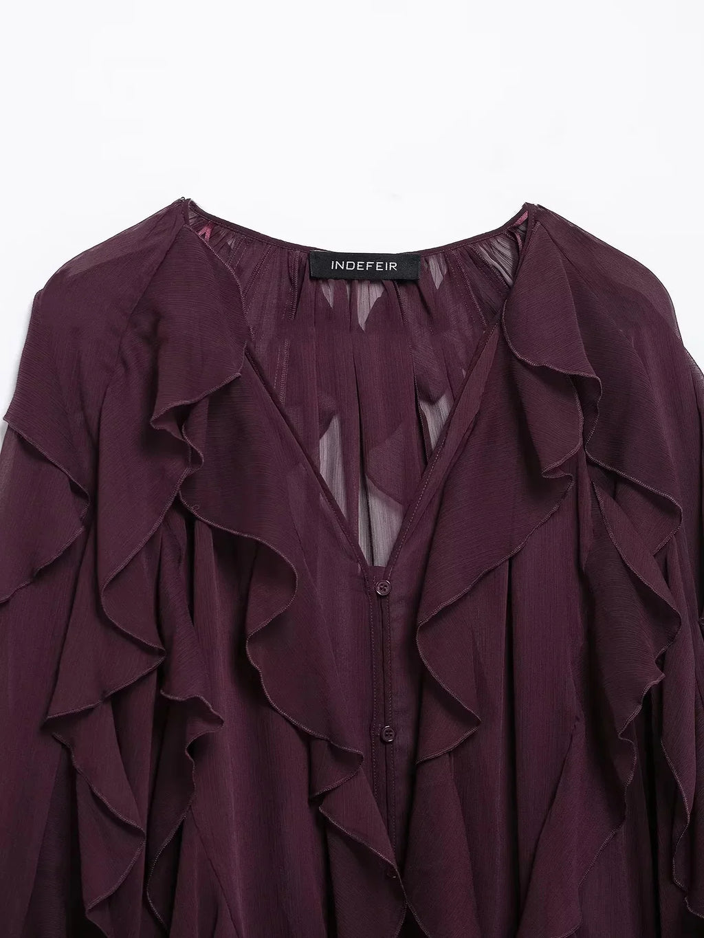 Burgundy Mesh Ruffle Blouse for Women Long Sleeve Sheer Loose Fit Elegant Party Top
