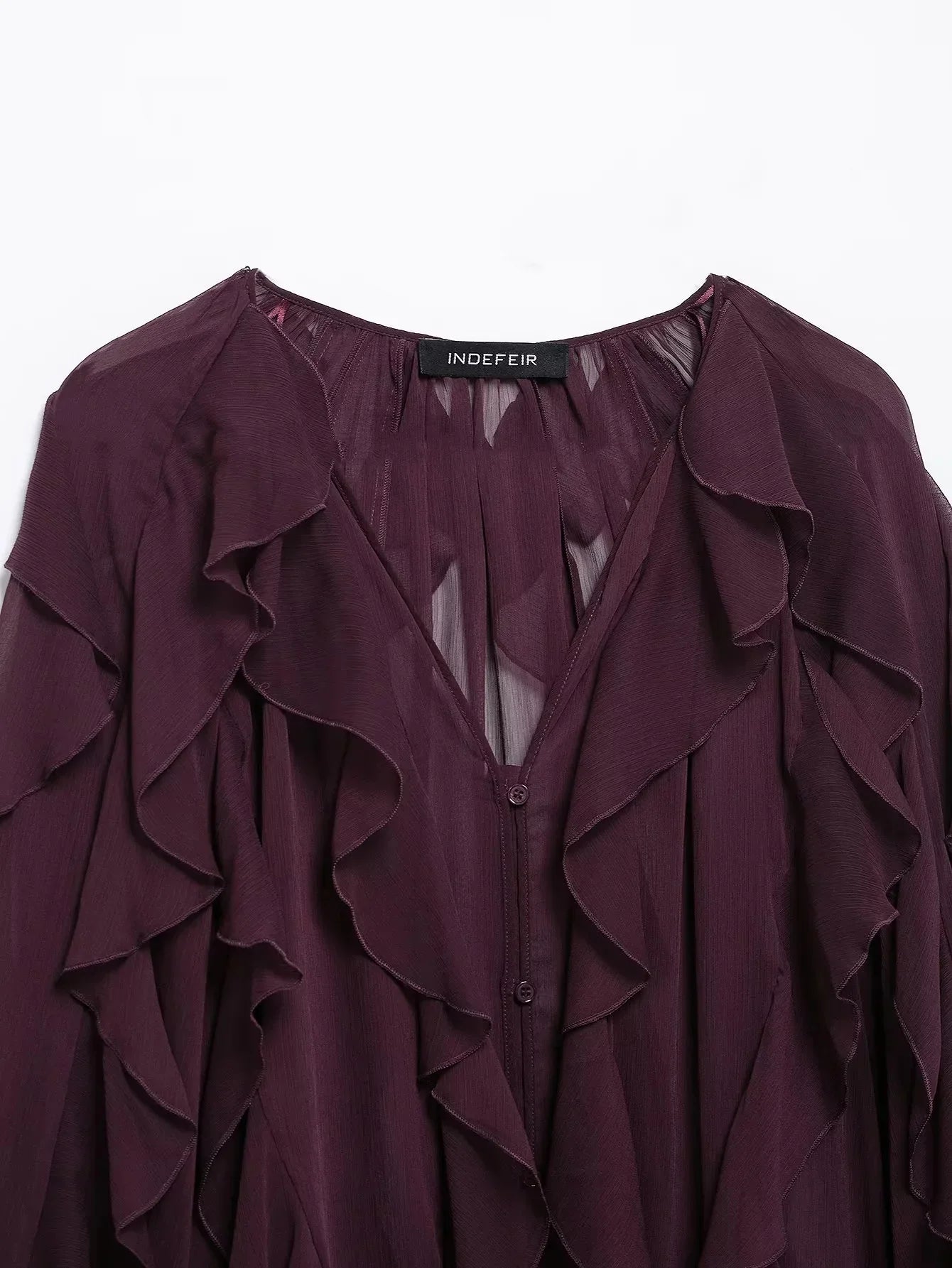 Burgundy Mesh Ruffle Blouse for Women Long Sleeve Sheer Loose Fit Elegant Party Top