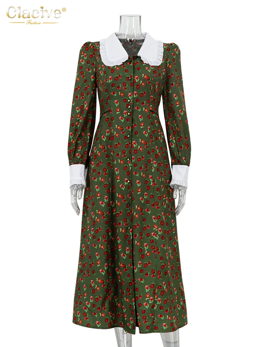 Office Midi Dress With Doll Collar Long Sleeves Elegant