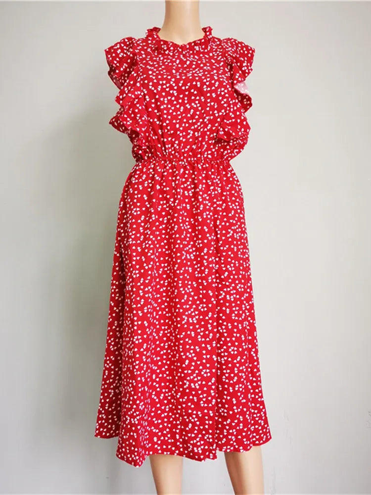 Chiffon Dot Print Butterfly Sleeve Dress With Ruffles