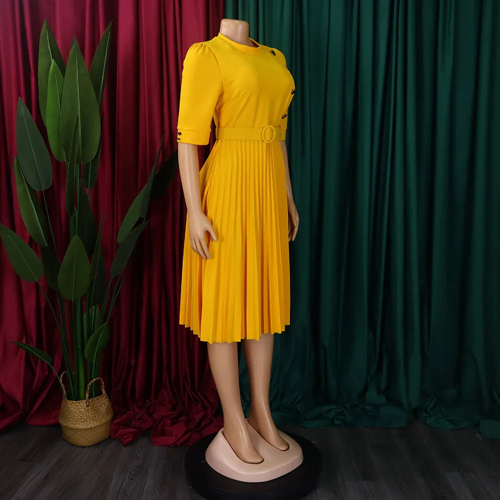 Elegant Pleated Dress for Women Formal Half Sleeve Belted