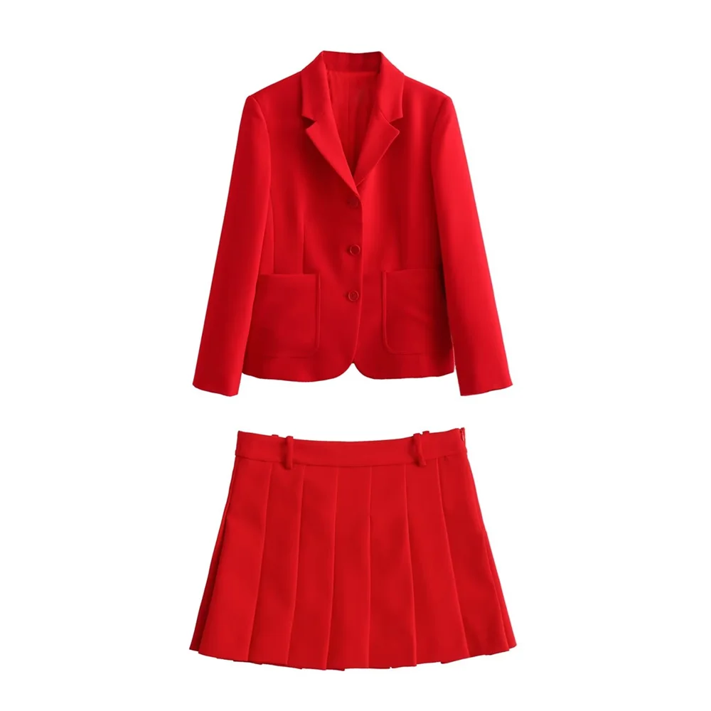 Women's Fashion Elegant Commuting Two-Piece Set Featuring Tailored Tight Suit Coat and Wide Pleated Short Skirt