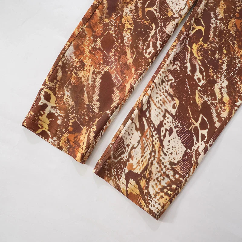 Brown Single Shoulder Long Sleeve Snake Print Jumpsuit for Women with Back Zipper Sexy One Piece Romper