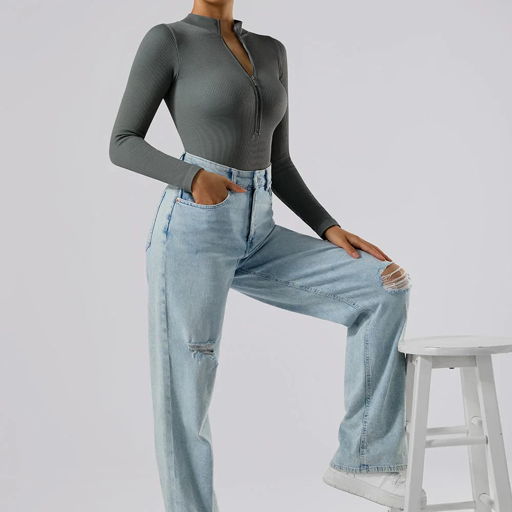 Bodycon Slim Fit Zipper Jumpsuit for Women Casual Brown Fitness Romper Streetwear Playsuit Overall