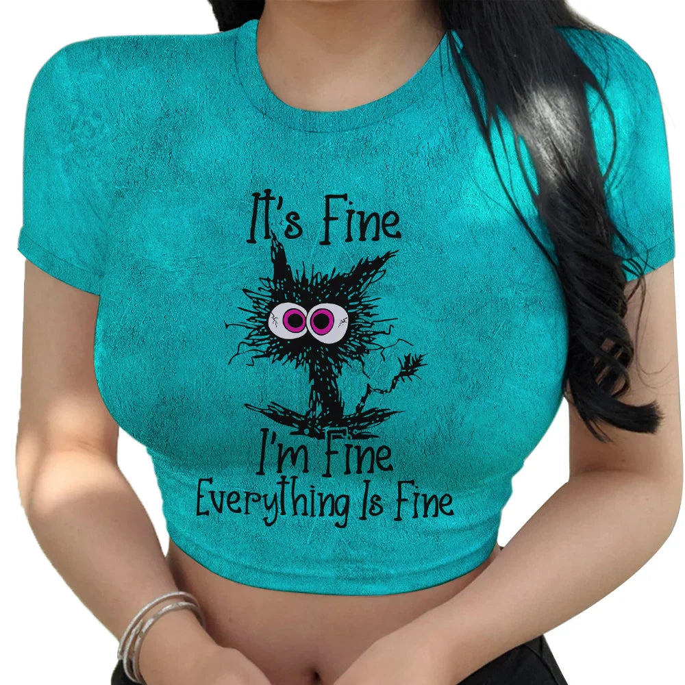 Funny Cat Print Women's Graphic Crop Top Slim Fit Short Sleeve T Shirt