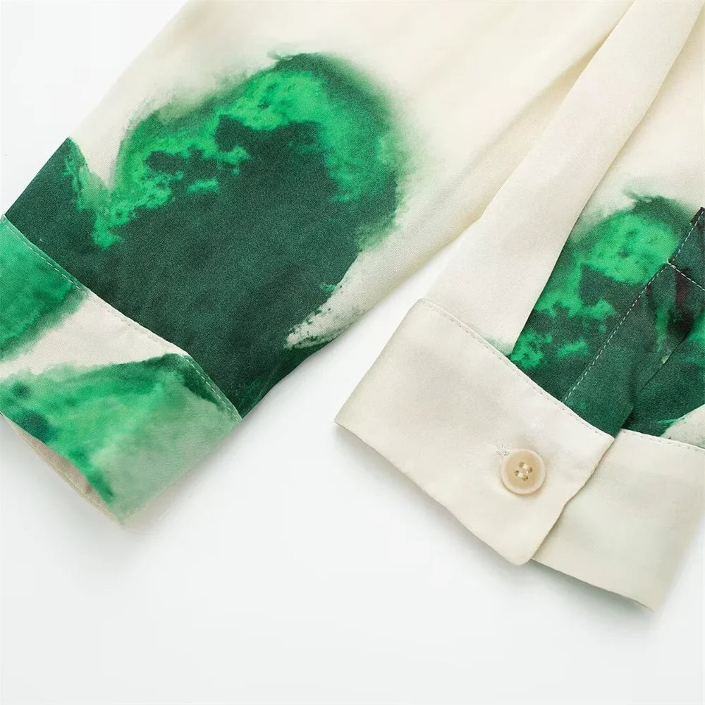 Autumn Women's Casual Loose Collar Long Sleeve Printed Shirt and High Waist Wide Leg Pants Set