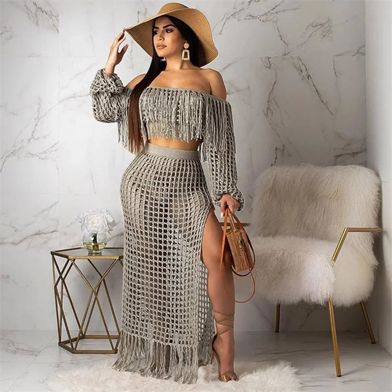 Fringed Tassel Two Piece Women's Beachwear Set Crochet Hollow Out See Through Crop Top and Long Skirt Vacation Outfit