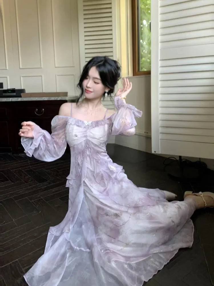 Off Shoulder Dress Ruffle A Line Long French Print