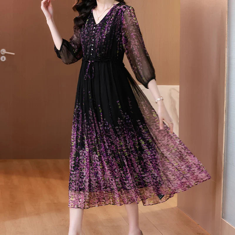 Purple Floral Chiffon Dress With V Neck And Lantern Sleeves