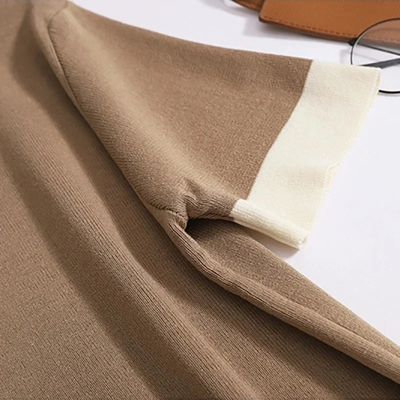 Women Knit V Neck Patchwork Pocket Dress Mid Length Summer