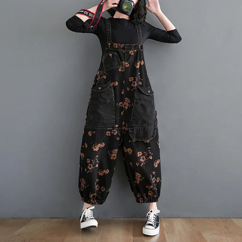 Vintage Floral Print Oversized Black Denim Jumpsuit Women Casual Baggy Cargo Pants Wide Leg Loose Fit Big Pockets Overalls