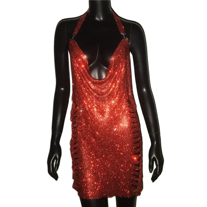Backless Halter Neck Dress With Rhinestones Side Split