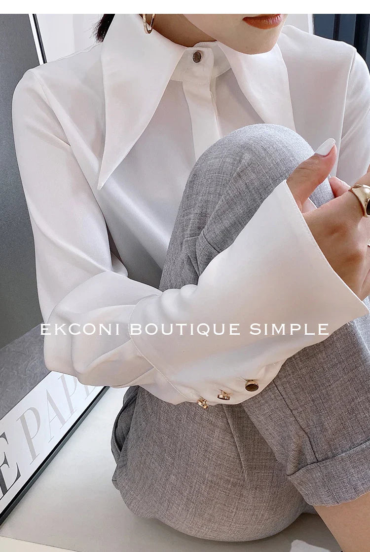 Elegant Turn Down Collar Satin Silk Blouse Vintage Button Closure White Lantern Sleeve Office Lady Shirt Chic Feminine Top