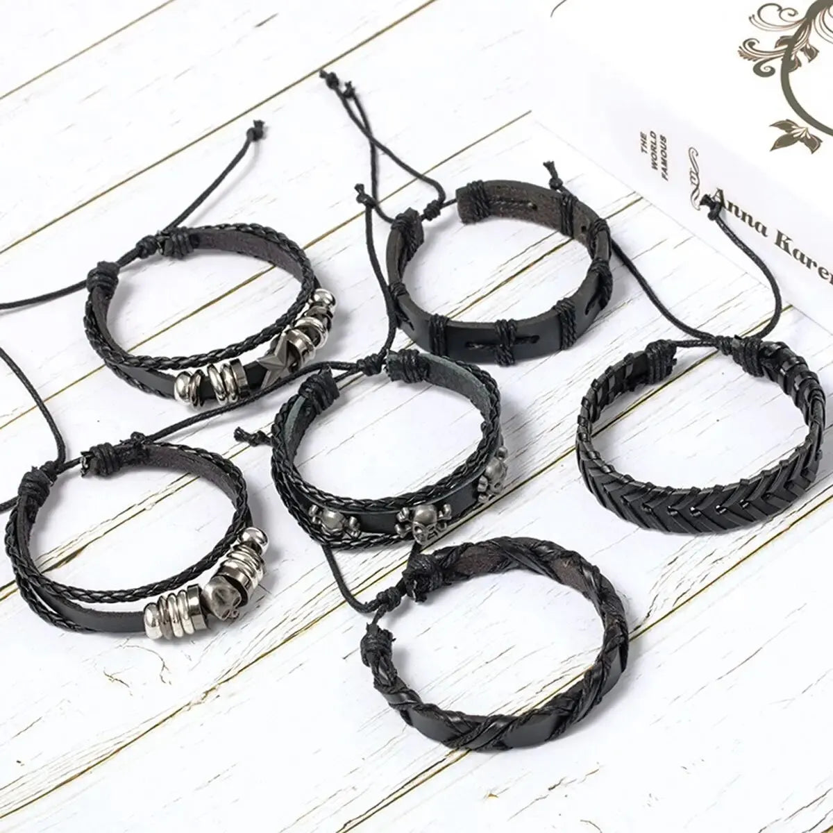 6 Piece Black Punk Skull and Star Shaped Alloy and PU Leather Bracelet Set