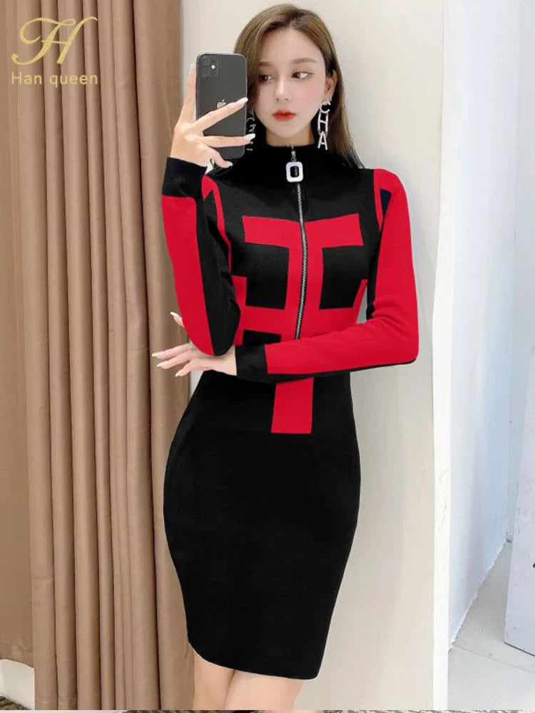 Winter Knit Bodycon Dress With Zipper Pattern Chic