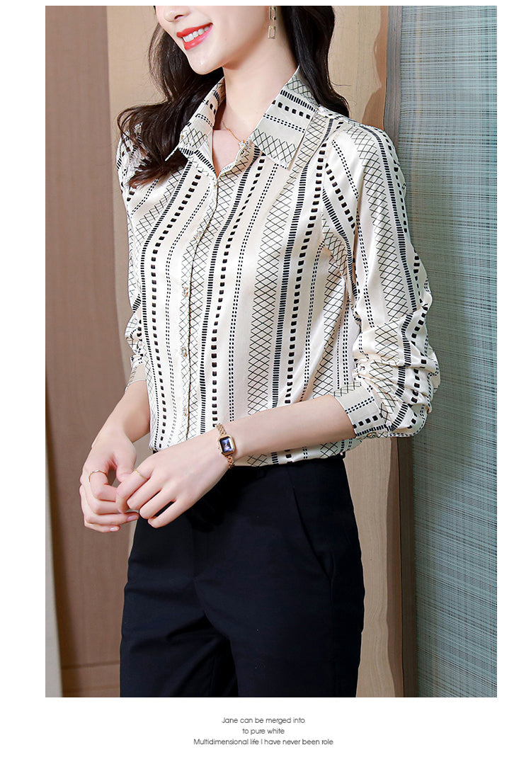 Elegant Satin Women Blouse Long Sleeve Button Up Shirt Vintage Office Lady Print Top