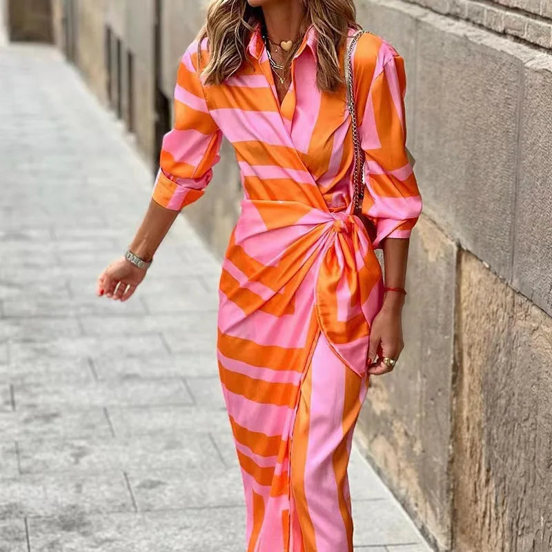 Printed Striped Shirt Collar Midi Dress For Women Everyday