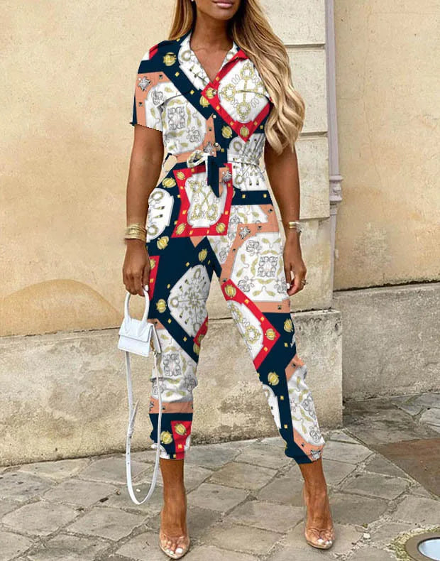 Summer Casual Women's Jumpsuit with Lapel Collar Printed Waistband and Stylish Buckle Detail