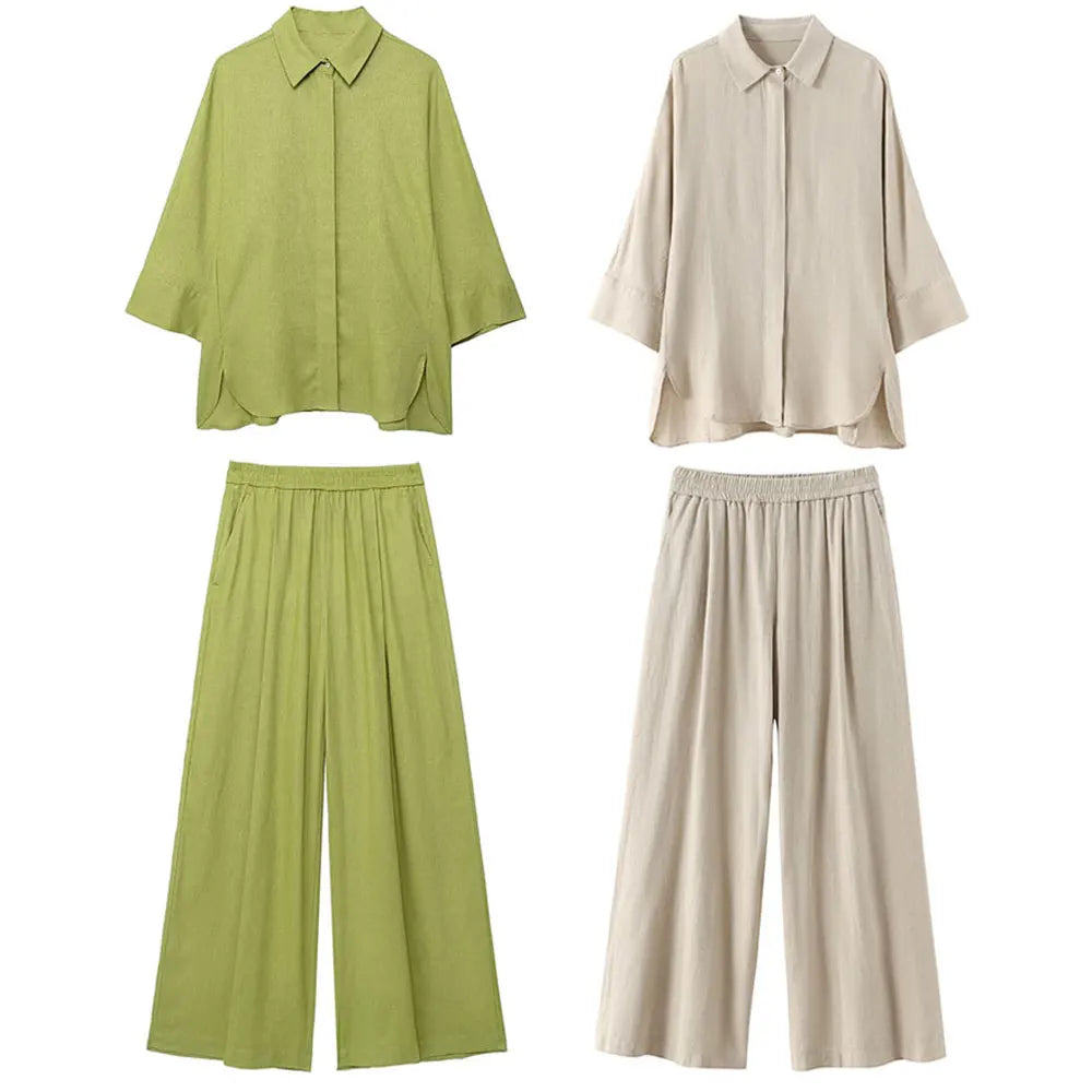 Casual Women's Solid Pant Set with Long Sleeve Blouse and Elastic Waist Trousers Fashion Streetwear Outfit