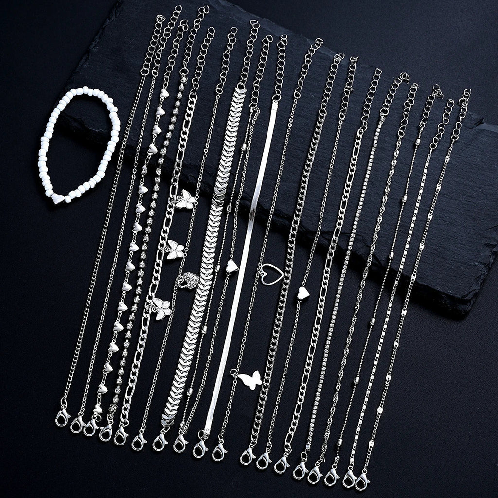 19 Pieces Silver Color Anklet Set for Women with Pearl Butterfly Heart and Crystal Foot Chains Daily Fashion Jewelry