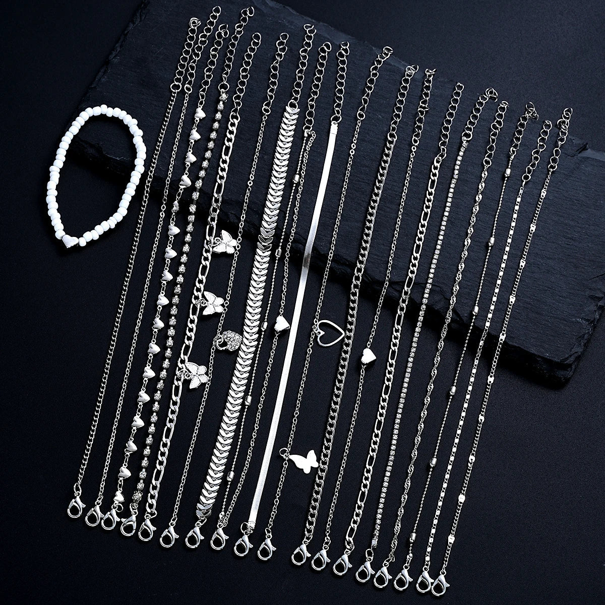 19 Pieces Silver Color Anklet Set for Women with Pearl Butterfly Heart and Crystal Foot Chains Daily Fashion Jewelry