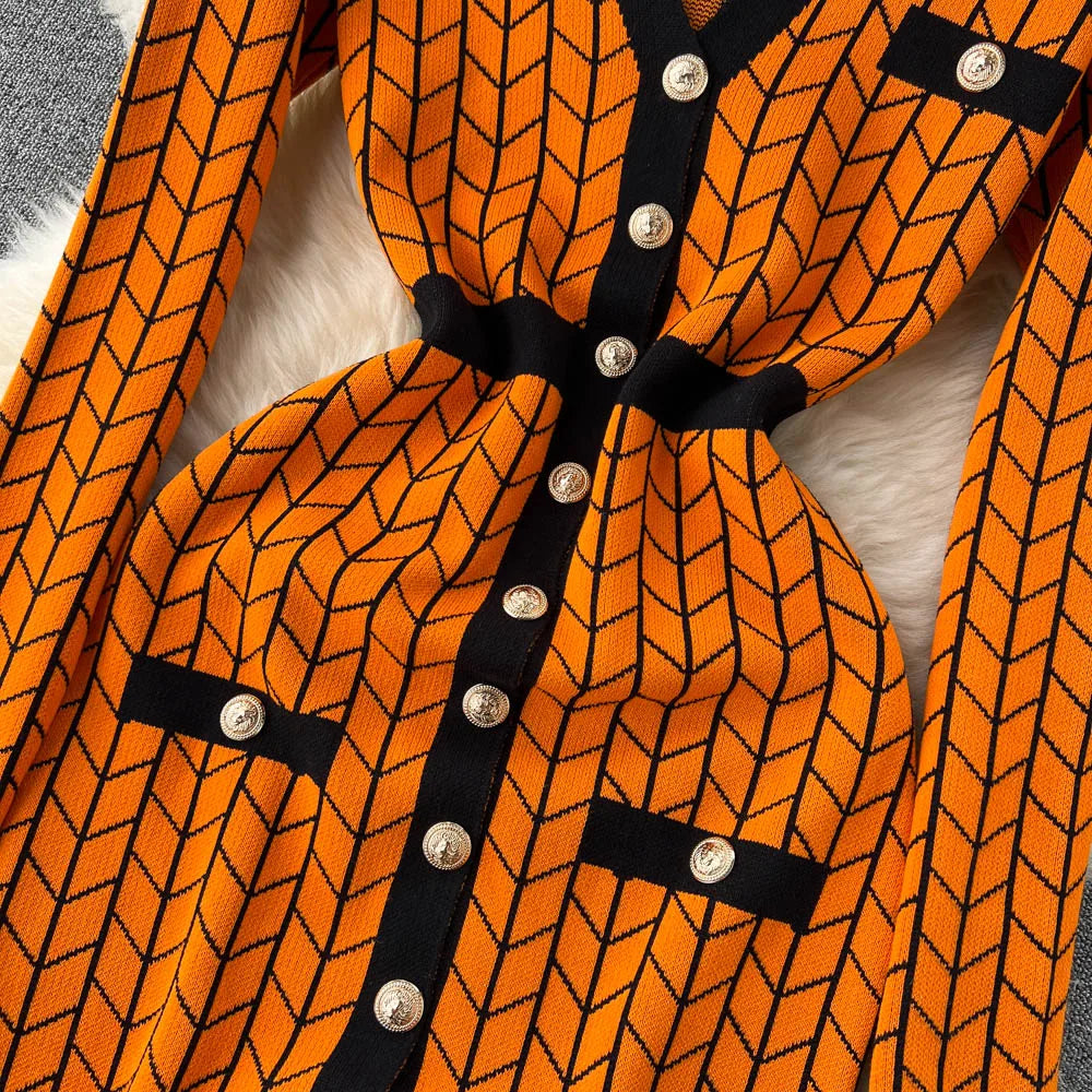 Autumn Plaid Knit Dress Women V Neck Elastic Waist Midi