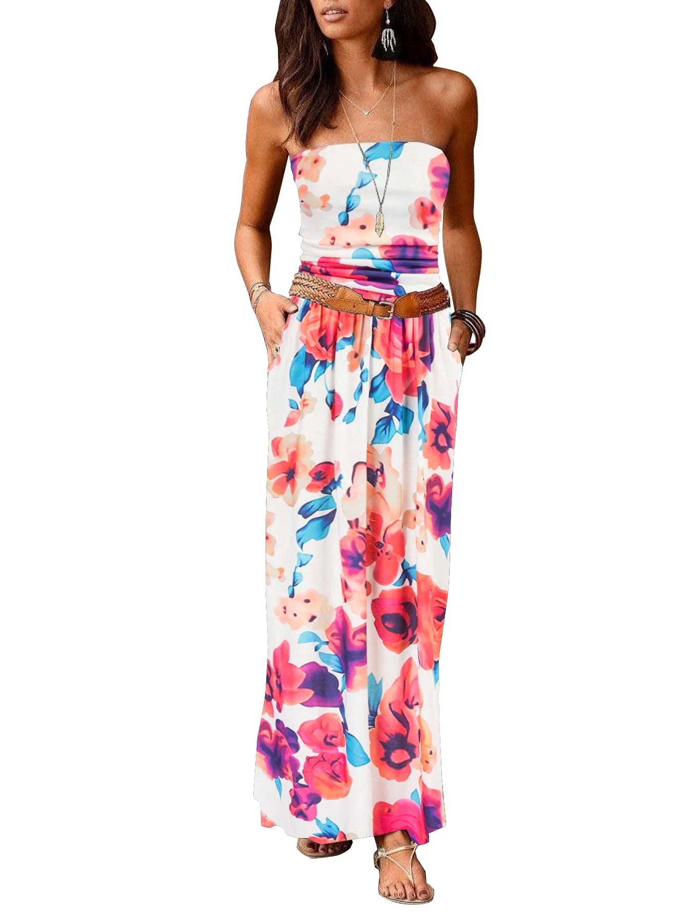 Strapless Maxi Dress With Pockets Pleated Off Shoulder