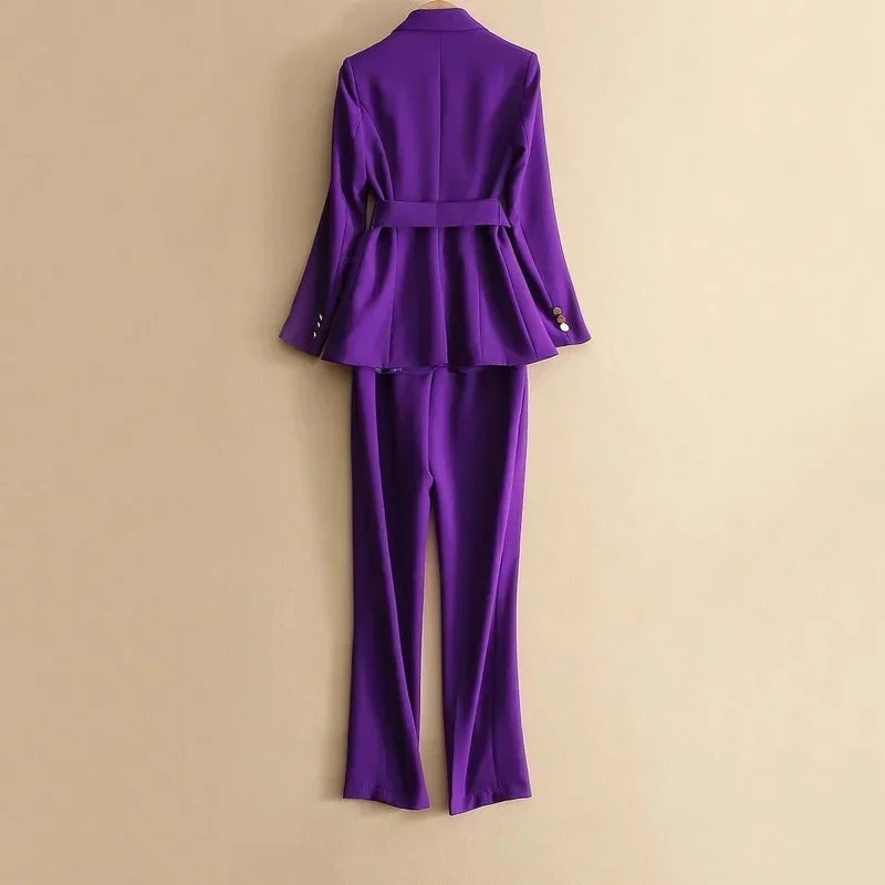 Two Piece Purple Formal Suit for Women with Belted Blazer and Straight Pants Set Perfect for Office and Business Attire