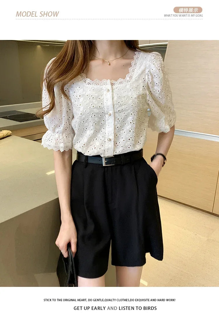Elegant White Lace Blouse for Women Short Sleeve Square Collar Hollow Out Summer Shirt Chic and Breathable Feminine Top