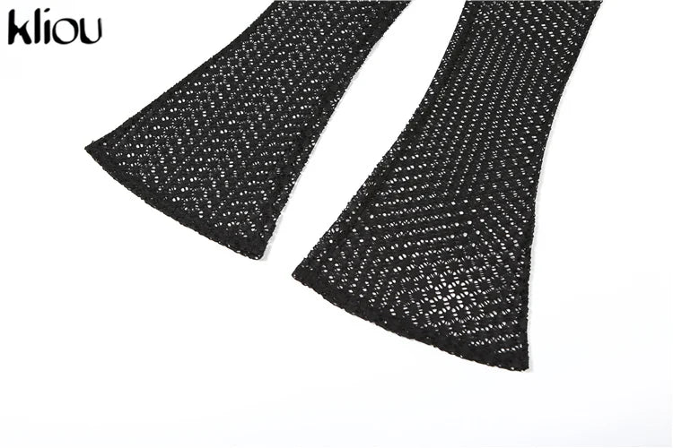 Sexy Coquette 2 Piece Set Sheer Long Sleeve Slim Top and High Waist Flare Pants Nightclub Outfit