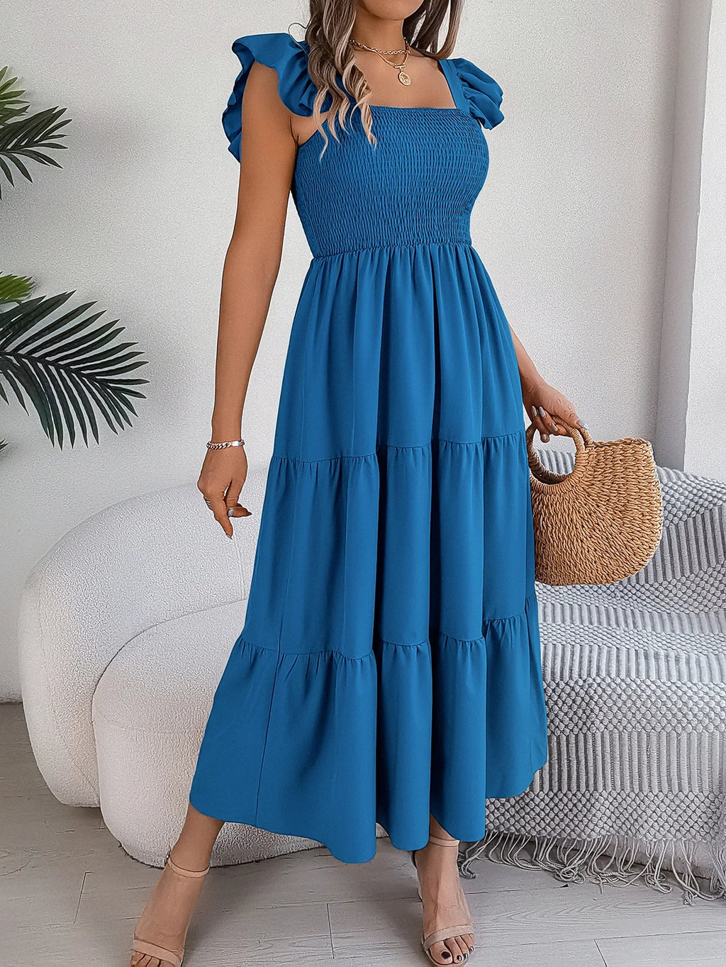 Square Neck Maxi Dress for Women Solid Summer Color