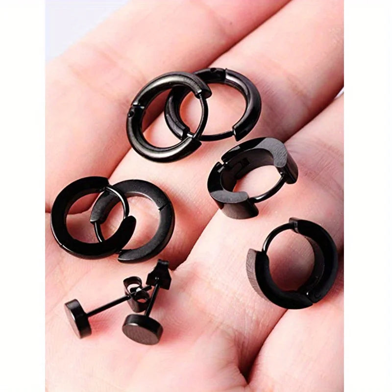 Stylish Men's Earring Set - 4 Pairs of Black Stainless Steel Studs and Hoops, Durable and Allergy-Free