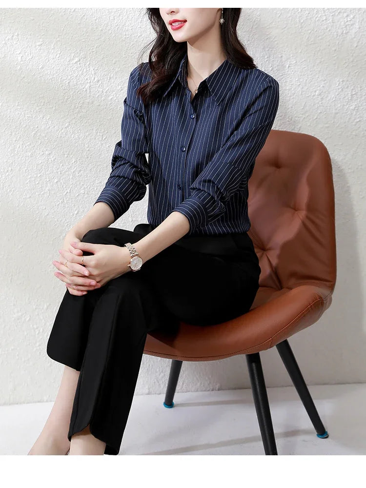 Striped Long Sleeve Women Shirt Button Up Blouse Lightweight Chiffon Tops Elegant Casual Office Wear