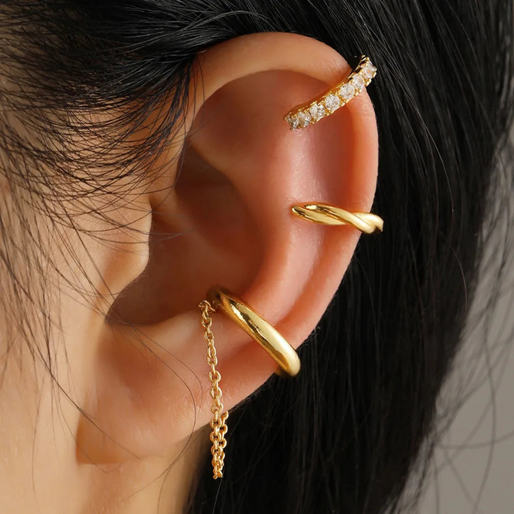 3PCS Vintage Crystal Ear Cuff Set for Women and Teens Non Piercing Gold Clip Earrings Jewelry Gift