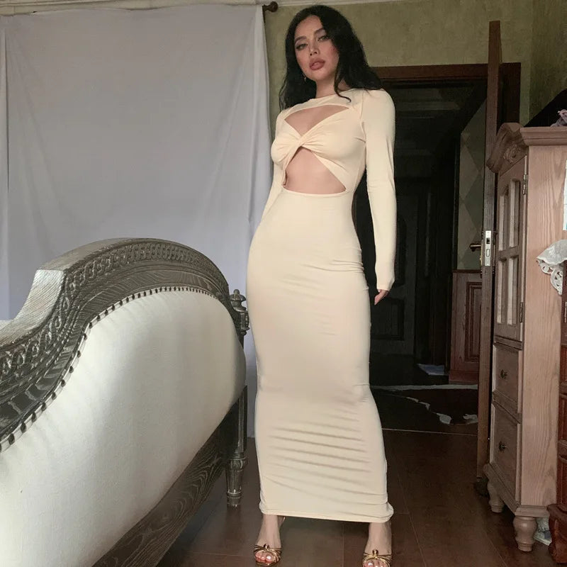 Autumn Hollow Out Dress With Round Neck Long Sleeve