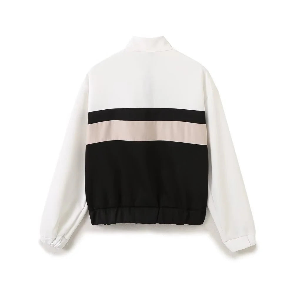 Women's Fashion Casual Zipper Pilot Jacket and High Waist Wide Leg Pants Set with Side Stripes