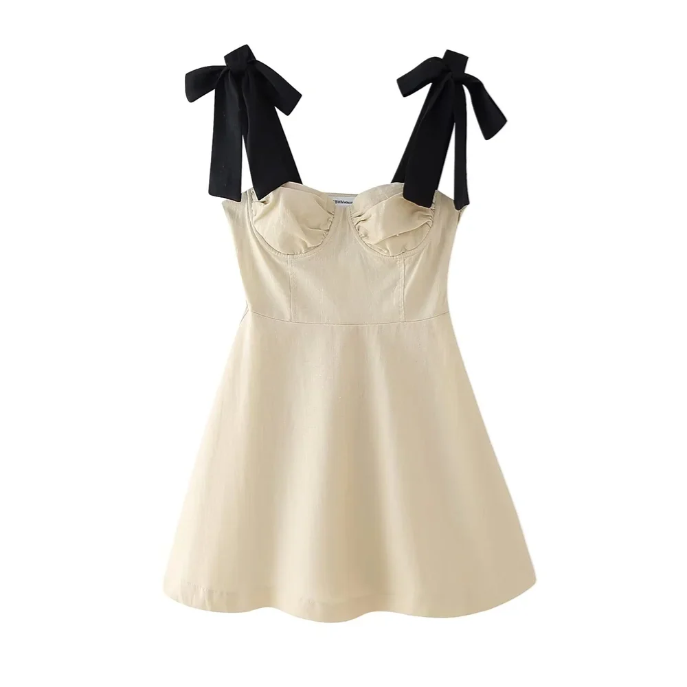 Slim Fit Linen Blend Mini Dress With Bow Decoration