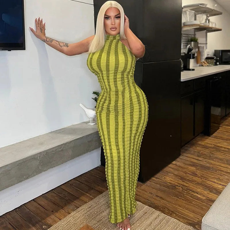 Y2K Patchwork Halter Backless Bodycon Maxi Dress For Women