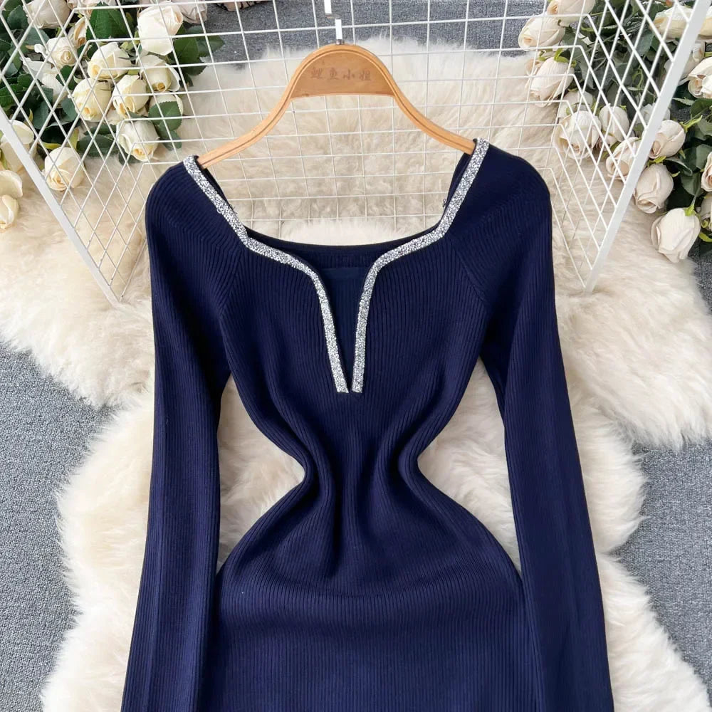 Knit Bodycon Dress For Women Long Sleeve Winter Sweater