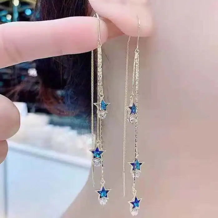 Blue Heart Shaped Zircon Dangle Earrings for Women with Long Tassel Design Perfect for Weddings and Parties