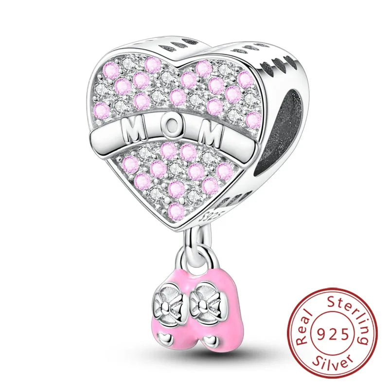 925 Sterling Silver Love Heart Family Charm Bead Pendant for Women's Bracelet Jewelry Gift