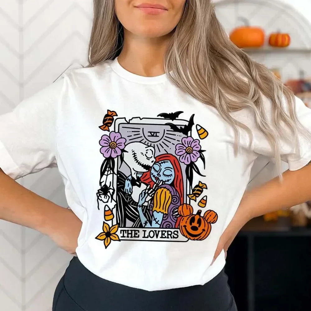 Halloween Tarot Print Cartoon T-Shirt Casual O-Neck Top for Fun and Versatile Style