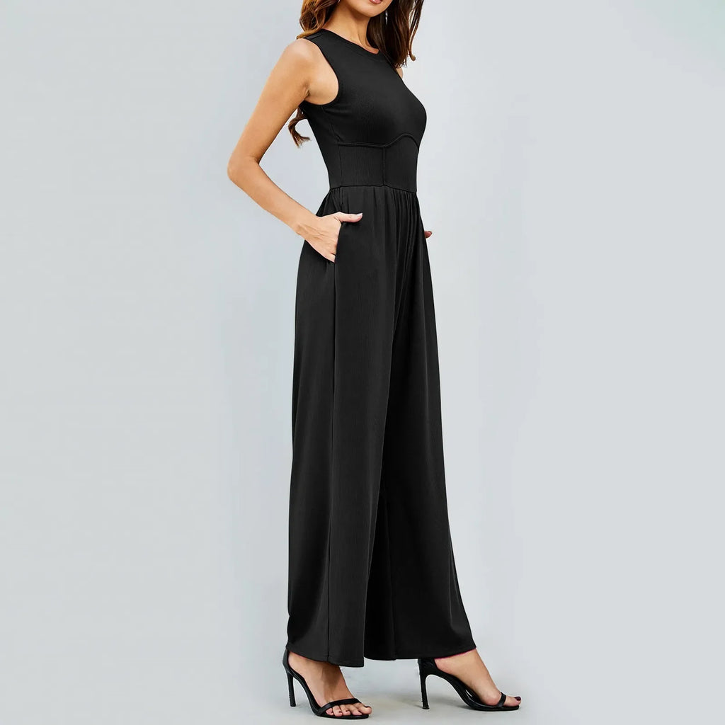 Women Sleeveless High Neck Ribbed Tank Top Jumpsuit Wide Leg Pants Romper with Tummy Control and High Waist Casual Summer Outfit