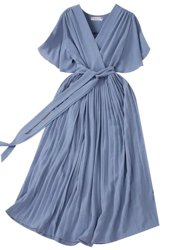 Chiffon Pleated Lace Up V Neck Dress For Women Summer
