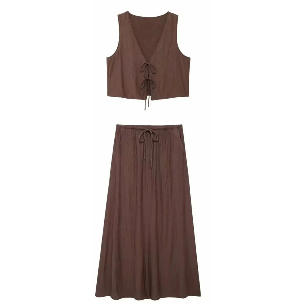 Women's Sleeveless V-Neck Lace-Up Cardigan Vest with Drawstring Pocket Casual Loose Skirt Two-Piece Set