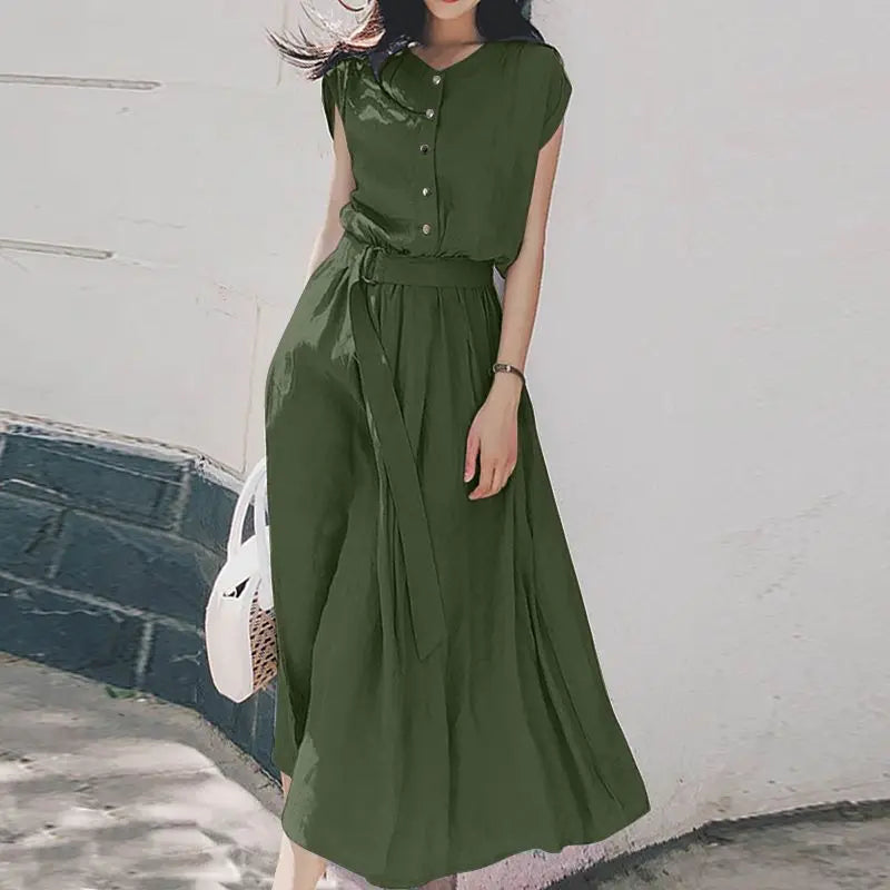 Women Belted Midi Sundress Short Sleeve Summer Dress